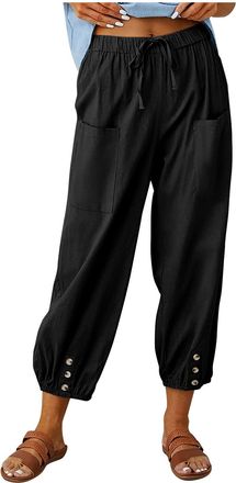 Generic Linen Trousers for Women UK Casual Solid Plain Elastic Waisted Straight Leg Long Pants Loose Drawstring Hiking Clothes Black,Plus Size 12 14 16 18 20