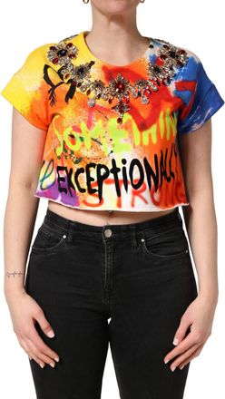 Dolce & Gabbana Multicolor Graffiti Crystals Crop Jersey Womens Top