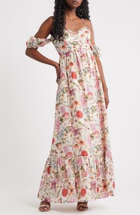 Lulus Panarea Floral Print Off the Shoulder Maxi Dress in Multi Floral at Nordstrom, Size X-Small