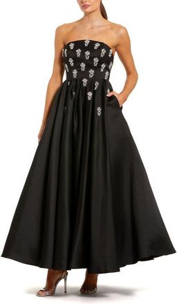 Mac Duggal Crystal Embellished Strapless Satin A-Line Dress in Black at Nordstrom, Size 10