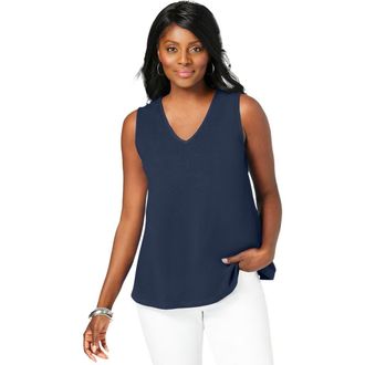 Jessica London Stretch Cotton V-Neck Trapeze Tank in Navy at Nordstrom, Size Small