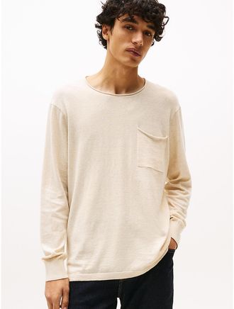 Tommy Hilfiger Mens Cotton-Linen Pocket T-Shirt Sweater - Beige - L