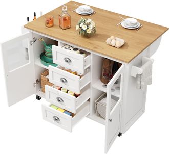 STILVORA Carro De Cocina Con 4 Cajones Y 2 Puertas, Mesa Abatible, Toallero Y Especiero, Blanco