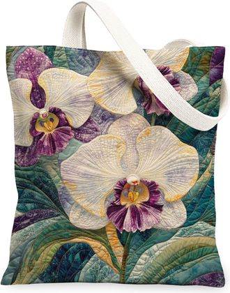 Generic Spring Quilted Orchid Flower Canvas Tote Bag for Shopping 13x15, Floral Wildflower Reusable Grocery Print Pattern Bag for Women, Fun Garden Beach Aest