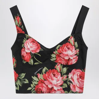 Dolce & Gabbana Top bustier con stampa bouquet rose in cotone nero