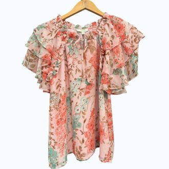 Jade Yoga Tiered Sleeve Ruffles Blouse In Pink Garden