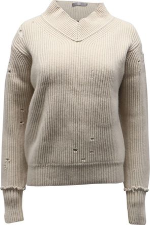 Helmut Lang Distressed Ribbed Knit Sweater in Beige Wool