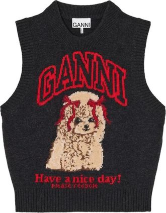 Ganni Grafisch Gebreide Vest - Dames - Ronde hals truien - Zwart - M - Wol - Truien & Vesten