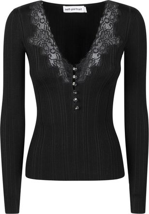 Self Portrait Fitted Black Top With Deep V-Neckline