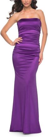 La Femme Strapless Stretch Satin Dress with Ruching in Royal Purple at Nordstrom, Size 12