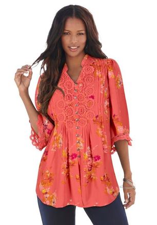 Roaman's Plus Size Juliet Lace Trim Button-Down Shirt in Orange at Nordstrom, Size 30