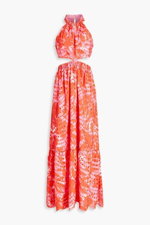 Monique Lhuillier Cutout floral-print broderie anglaise halterneck maxi dress - Orange - US 8