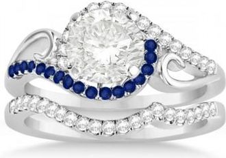 Allurez Swirl Bypass Diamond & Blue Sapphire Bridal Set 14k White Gold 0.36ct
