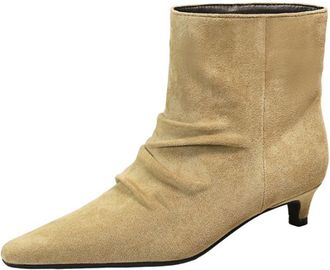 Generic High Heels Boots for Women 3CM Winter Shoes Pointed Toe Faux Suede Pleated Retro Comfort Work Office Ankle Boot (Khaki,2.5)