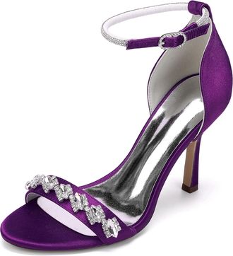 Generic Wedding Shoes Womens High Heel Sandals Open Toe Ankle Strap Satin Bridal Formal Prom Party Dress Stiletto Shoes 9.5Cm,Dark Purple,10 UK