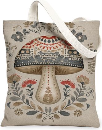 Generic Bohemian Vintage Mushroom Canvas Tote Bags, Floral Design Reusable Shopping Bags, Lightweight Washable Shoulder Strap, Beige, 13x15 Inch