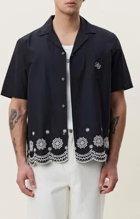 Les Deux Lace Embroidered Organic Cotton Camp Shirt in Tap Shoe Black at Nordstrom, Size Xx-Large