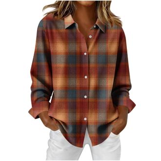 Generic Ladies Plaid Shirts UK 2025 Fashion Long Sleeve Collared Button Down Tops Fall Winter Casual Loose Fit Blouse Dressy Comfy Lightweight Going Out T-Shi