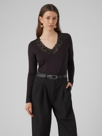 Vero Moda V-Shirt VERO MODA VMROSA LS V-NECK LACE TOP GA JRS NOOS, Damen, Gr. XS, schwarz, Jersey, Obermaterial: 95% Viskose, 5% Elasthan, unifarben, regular fi