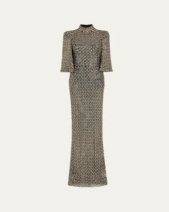 Jenny Packham Sedona 3/4-Sleeve Rhinestone Gown
