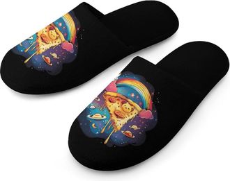 Generic Psychedelic Pizza Planet Rainbow Cat Warm Mens Slippers Slip On Soft Fleece House Shoes Winter Indoor Outdoor