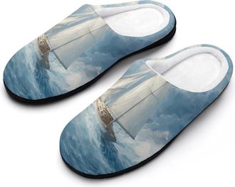 Generic Sailboat Sailing on Rough Waves Mens Warm Slippers Non-Slip Sole Winter Rubber Cotton Shoes for Bedroom