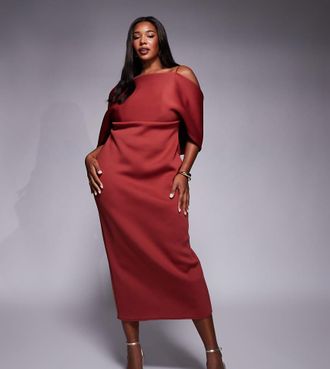 Asos Curve ASOS DESIGN Curve - Vestito midi color cioccolato in tessuto effetto scuba con retro stile mantella e scollo alla Bardot profondo-Marrone