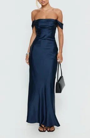 Princess Polly Azura Off the Shoulder Satin Gown in Navy at Nordstrom, Size 8