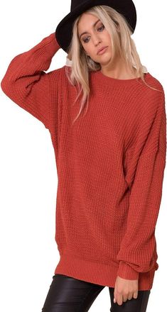 Crazy Girls Womens Ladies Baggy Long Sleeve Knitted Plain Chunky Top Sweater Jumper S-XL (S/M, Rust)