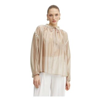 Ermanno Scervino Overhemden, Dames, Beige, M, Leer, Blouse met kanten details en strikceintuur