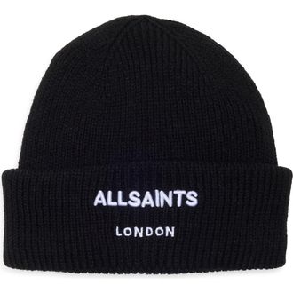 AllSaints Embroidered Logo Cuffed Beanie in Black at Nordstrom Rack