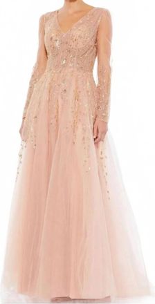 Mac Duggal Beaded Long Sleeve Gown In Pink Champagne