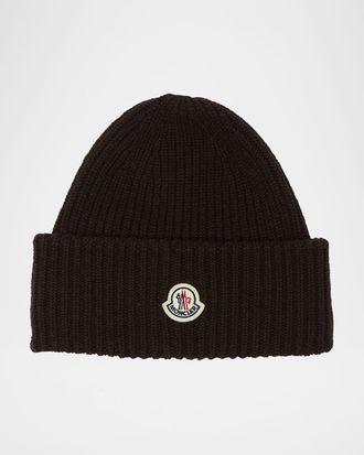 Moncler Men & apos;s Cashmere and Wool Rib Logo Beanie Hat