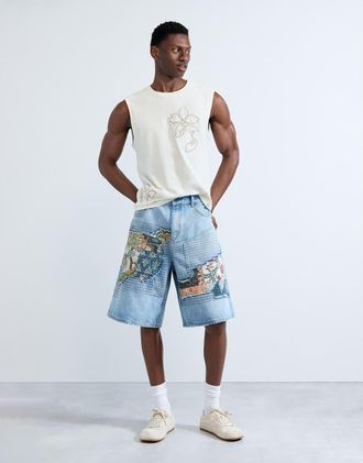 Desigual Pantaloncini bermuda di jeans blu con toppe