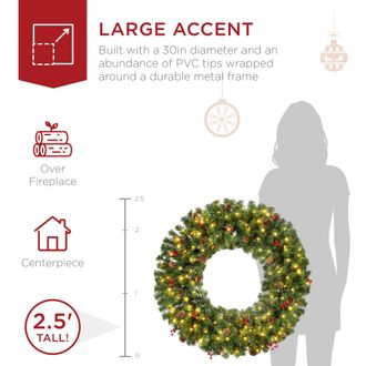 Best Choice Products Pre-Lit Christmas Wreath w/Berries & Pinecones, Large Artificial Indoor/Outdoor D&eacute;cor, Plug-in