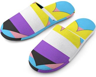 Generic Non-binary Transgender Flag Flannel Mens Slip-on Slippers Winter Warm House Shoes with Rubber Sole for Home Hotel