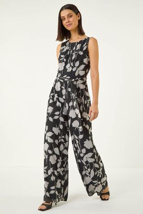 Roman Floral Chiffon Belted Jumpsuit