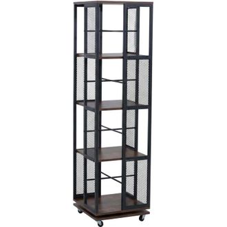 Hhg Libreria HHG-633, scaffale girevole, con rotelle, metallo industriale melamina MVG 147x40x40cm, marrone scuro