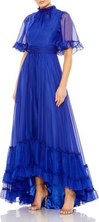 Mac Duggal Ruffled High Neck Flutter Sleeve High Low Hem Gown in Sapphire at Nordstrom, Size 18