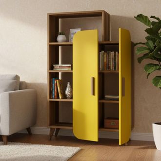 Dmora Estanter&iacute;a Agni, Biblioteca 5 Estantes, 2 Puertas, Montaje En Pared, 90x32x132h Cm Nogal Marr&oacute;n
