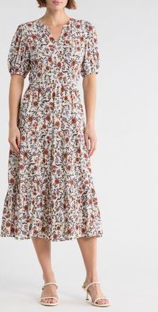 Melrose and Market Crinkled Short Sleeve Tiered Midi Dress in Ivory- Pink Fleurette at Nordstrom Rack, Size X-Large