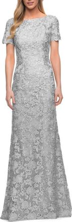 La Femme Beautiful Lace Mother of the Bride Dress with Short Sleeves in Silver at Nordstrom, Size 20