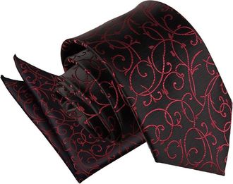 DQT Woven Swirl Floral Wedding Classic Neck Tie & Pocket Square Handkerchief Set for Men in Black and Burgundy