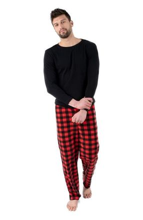 Leveret Mens Cotton Top & Fleece Pants Printed Matching Family Holiday Pajama Set in Plaid Black & Red at Nordstrom, Size Xx-Large