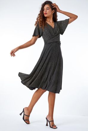 Roman Shimmer Ruched Skater Stretch Dress