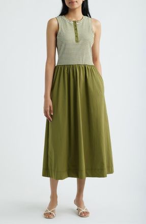 Bernardo Stripe Mixed Media Midi Dress in Cream/fir Green at Nordstrom, Size X-Small