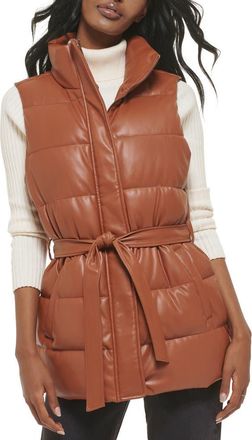 Levi's 361 Belted Water Resistant Faux Leather Puffer Vest in Camel at Nordstrom, Size X-Small