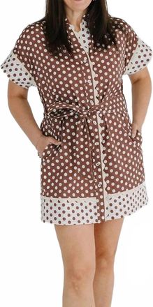 THML Clothing Vivian Short Sleeve Polka Dot Mini Dress In Brown