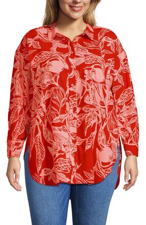 Lands End Cotton Voile Billowy Oversized Shirt in Mandarin Orange Etched Leaves at Nordstrom, Size X-Large