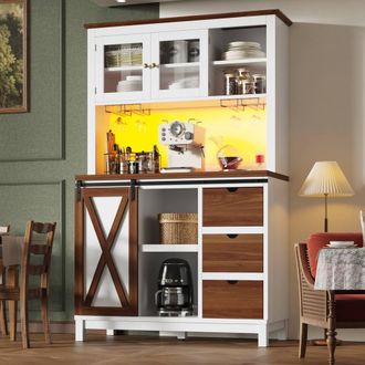 Merax Barn Style Kitchen Dresser with Wine Glass Racks & Coffee Bar Station in White